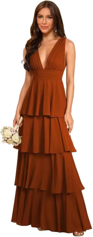 Rjer Tiered Bridesmaid Dresses 2025 Long Women Chiffon Formal Evening Dresses with Ruffles