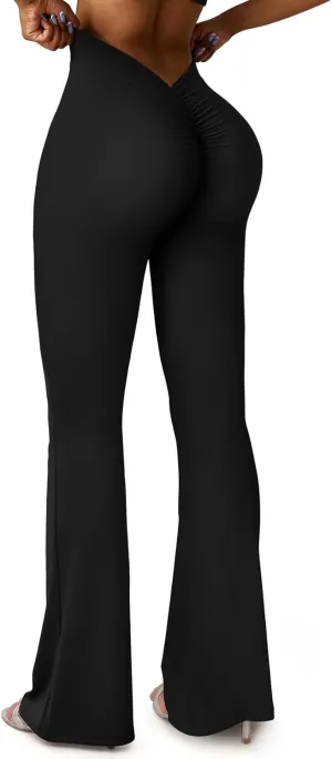 SEASUM V Back Scrunch Butt Flare Leggings for Women Waist Cut Shaped Ruched Bell Bottom Wide Leg Bootcut Yoga Pants
