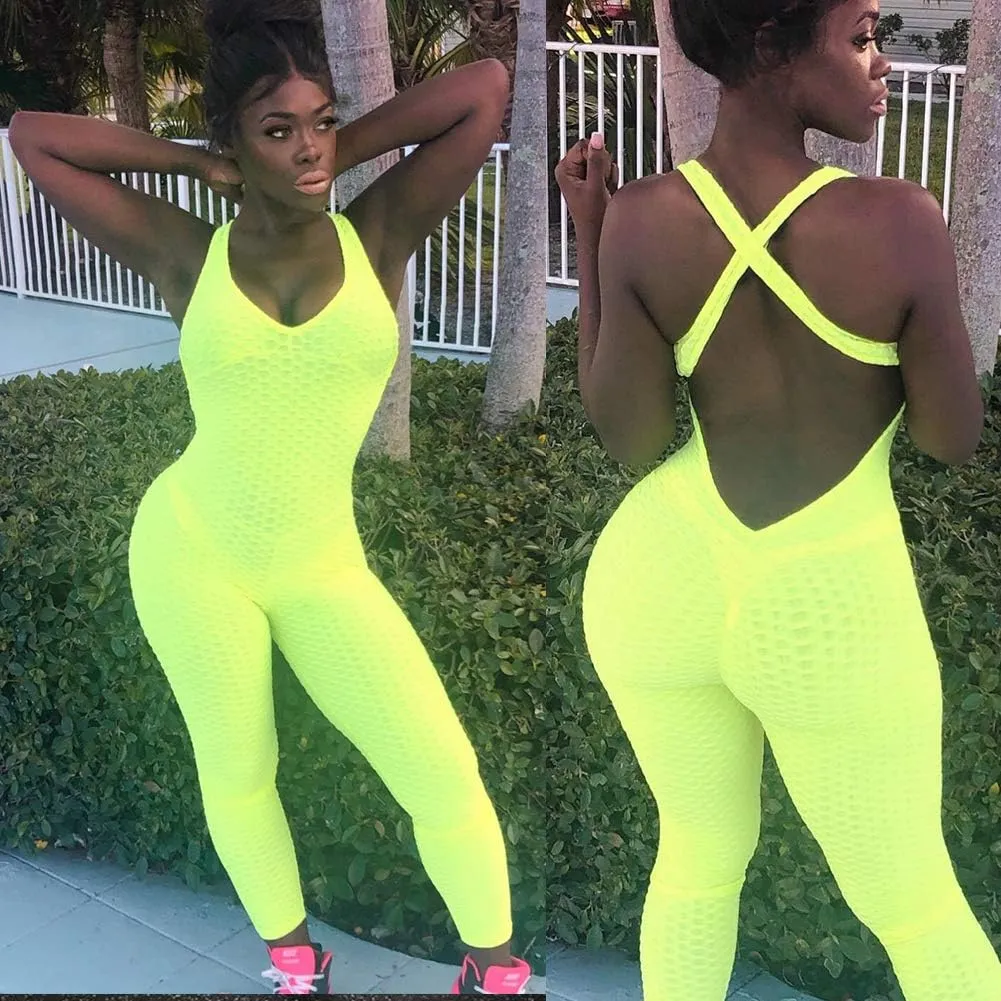 SEASUM Women Texture Bodysuit Sleevesless Sport One-Piece Backless Sexy Slimming Bodycon Rompers Jumpsuit M