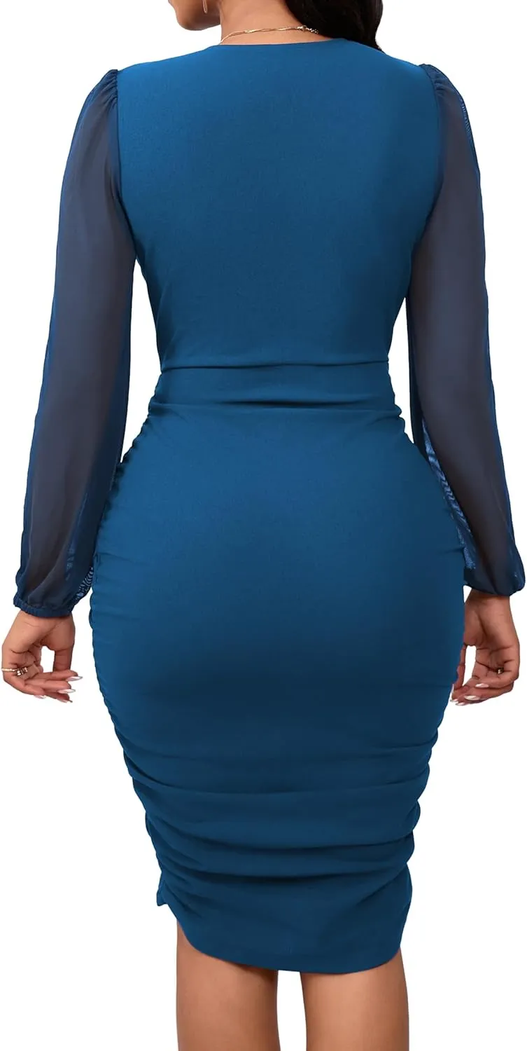 SeNight Women's Dress Sexy V Neck Dresses Bodycon Mesh Long Sleeve Breathable Mini Pencil Clubwear for Evening Party