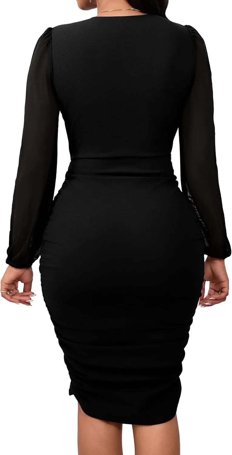 SeNight Women's Dress Sexy V Neck Dresses Bodycon Mesh Long Sleeve Breathable Mini Pencil Clubwear for Evening Party