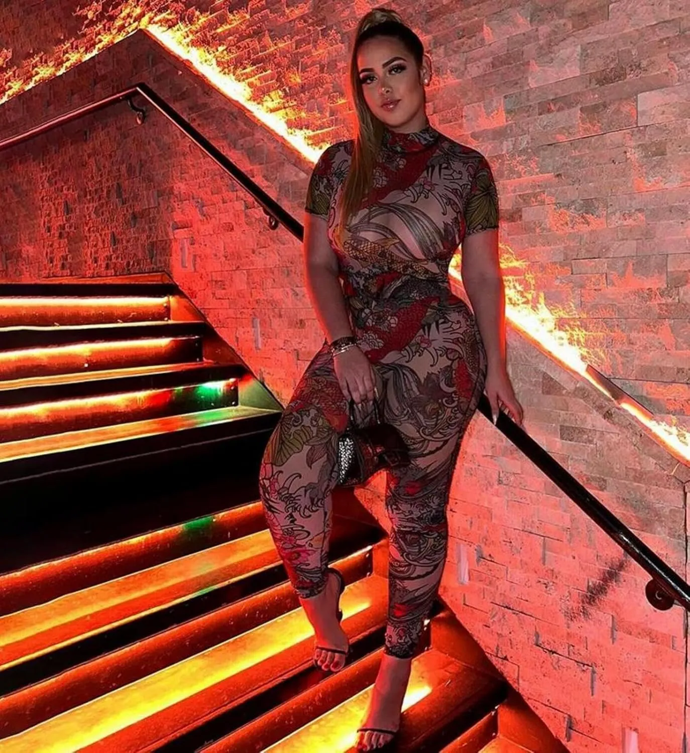 Sexy Jumpsuits for Women See Through Mesh Print Backless Bodycon Club Jumpsuit