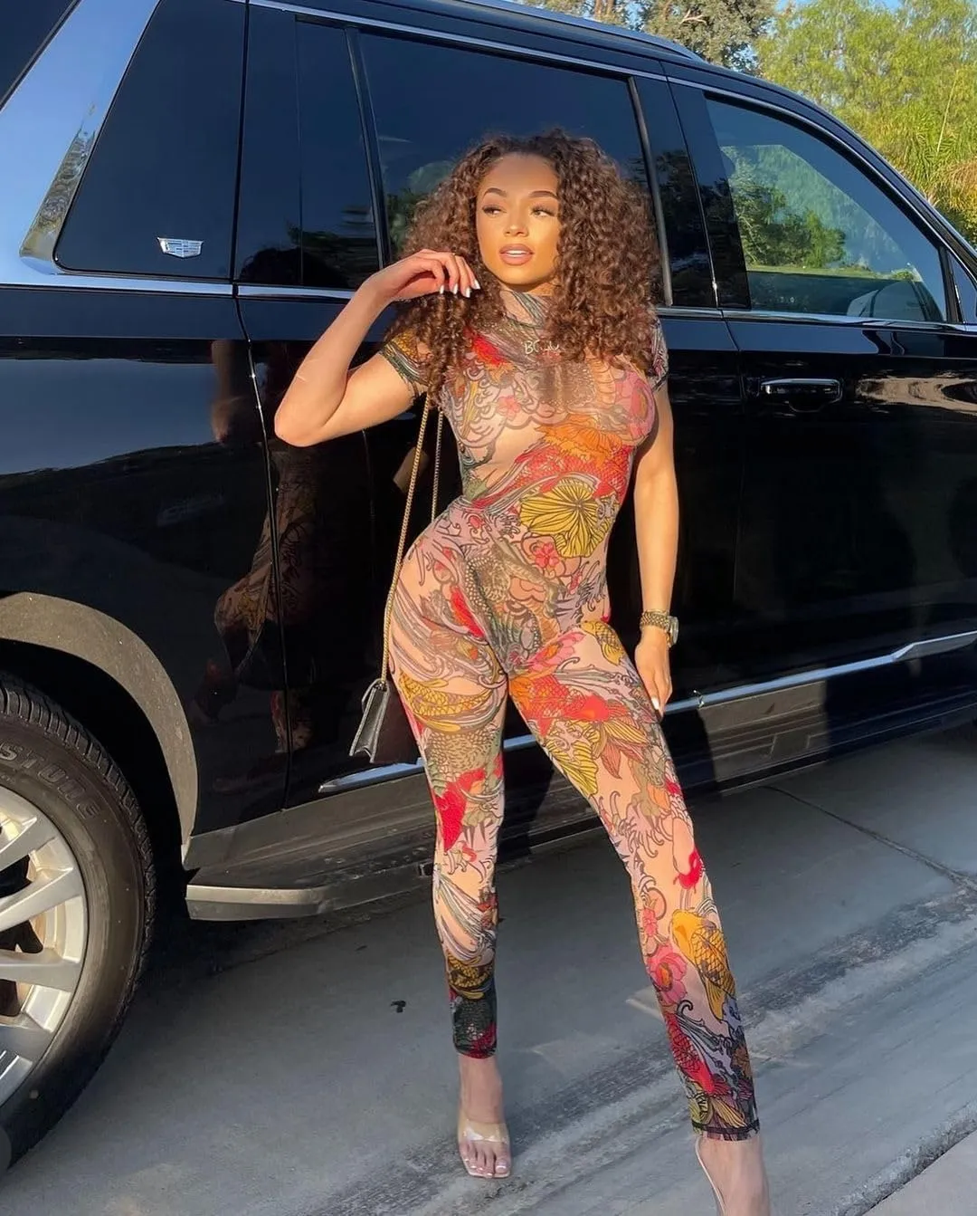Sexy Jumpsuits for Women See Through Mesh Print Backless Bodycon Club Jumpsuit