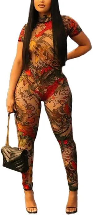 Sexy Jumpsuits for Women See Through Mesh Print Backless Bodycon Club Jumpsuit
