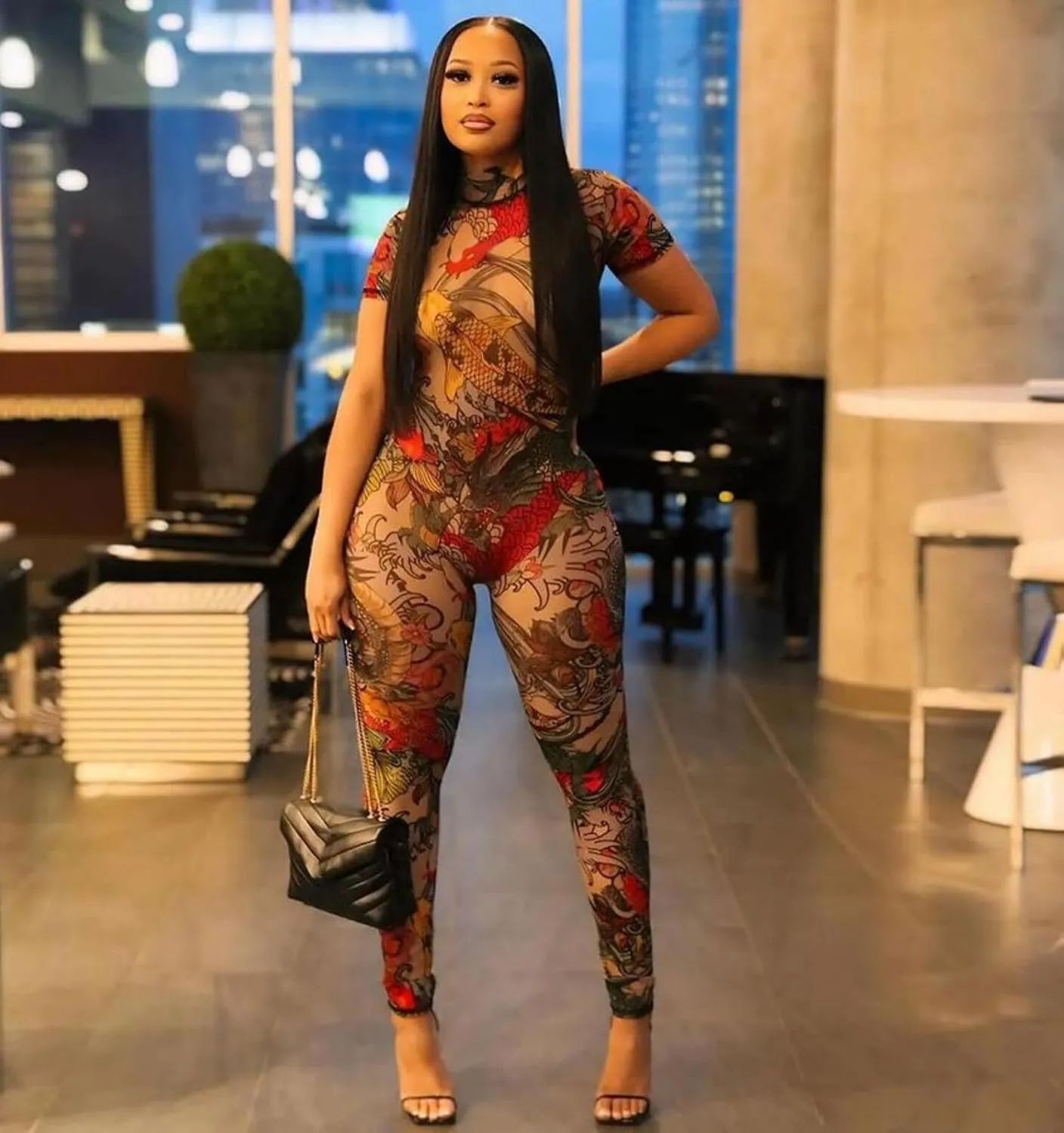 Sexy Jumpsuits for Women See Through Mesh Print Backless Bodycon Club Jumpsuit
