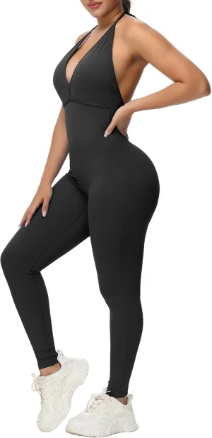 Sexy Jumpsuits for Women V Neck Scrunch Butt Rompers Halter Tie Gym Workout One Piece outfit Bodysuits