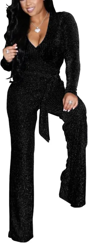 Sexy Sequin Jumpsuits for Women Plus Size Elegant Clubwear Sparkly High Waisted Wide Leg Pant Disco Outfits