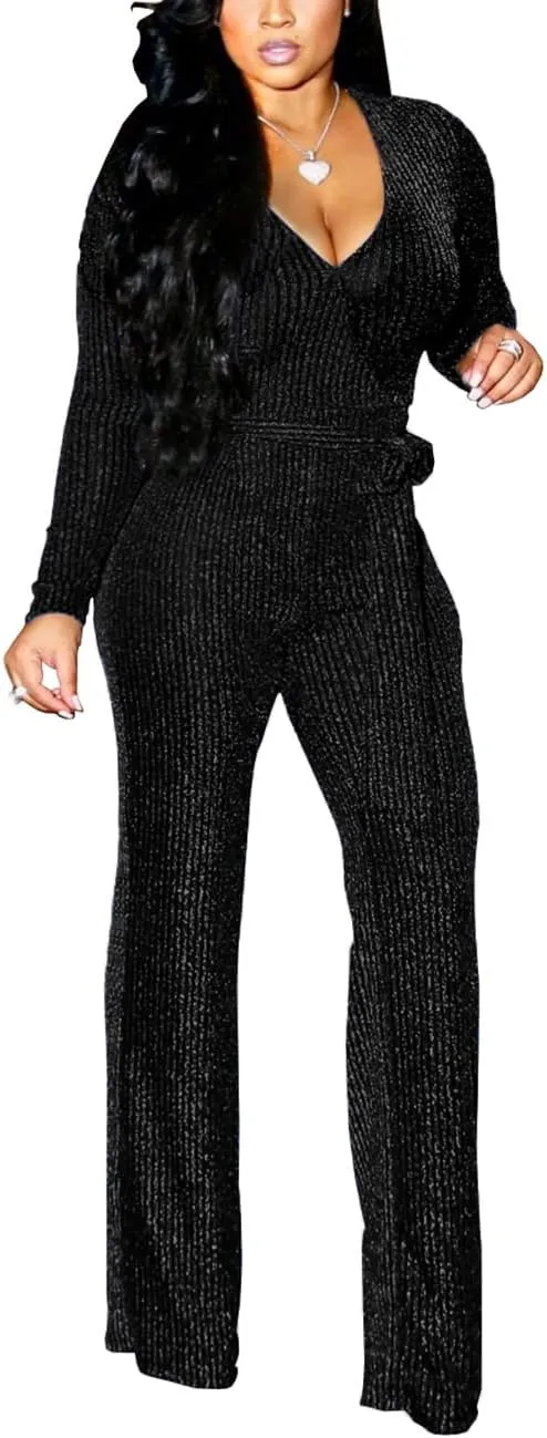 Sexy Sequin Jumpsuits for Women Plus Size Elegant Clubwear Sparkly High Waisted Wide Leg Pant Disco Outfits