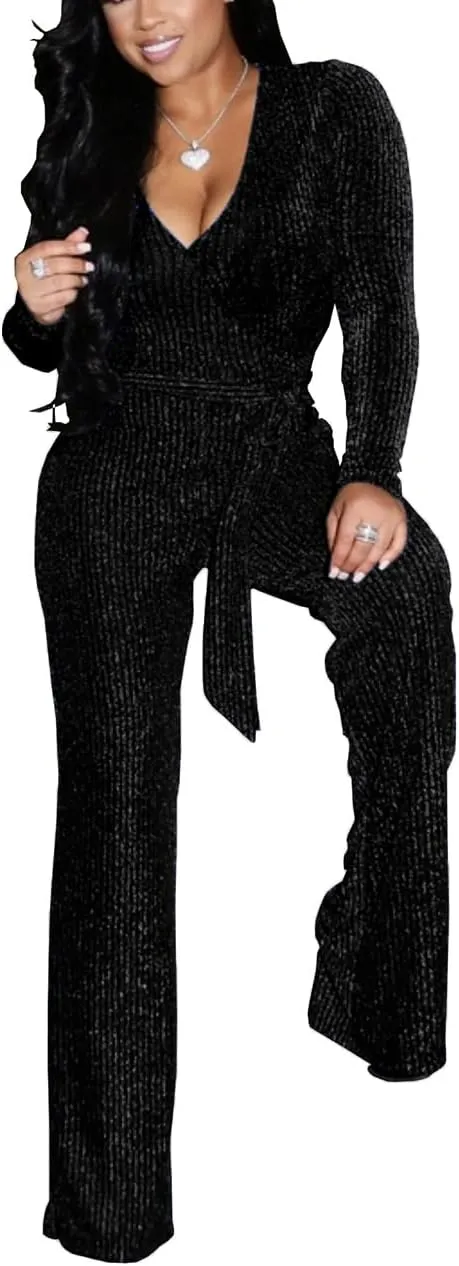 Sexy Sequin Jumpsuits for Women Plus Size Elegant Clubwear Sparkly High Waisted Wide Leg Pant Disco Outfits