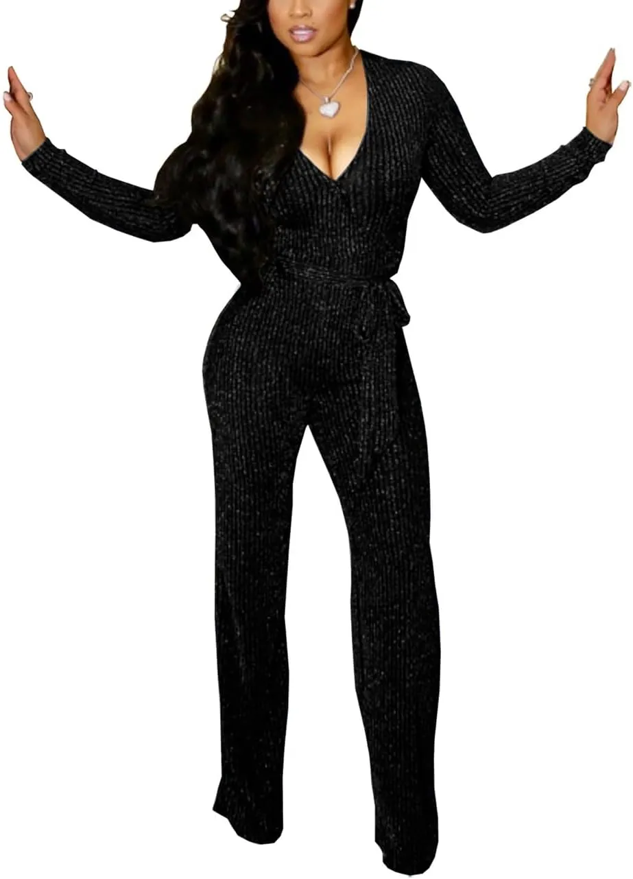 Sexy Sequin Jumpsuits for Women Plus Size Elegant Clubwear Sparkly High Waisted Wide Leg Pant Disco Outfits