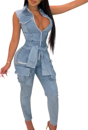 Sexyshine Women's Halter Lace Up Backless Casual Wide Leg Blue Denim Long Jumpsuit Playsuit Rompers With Belt