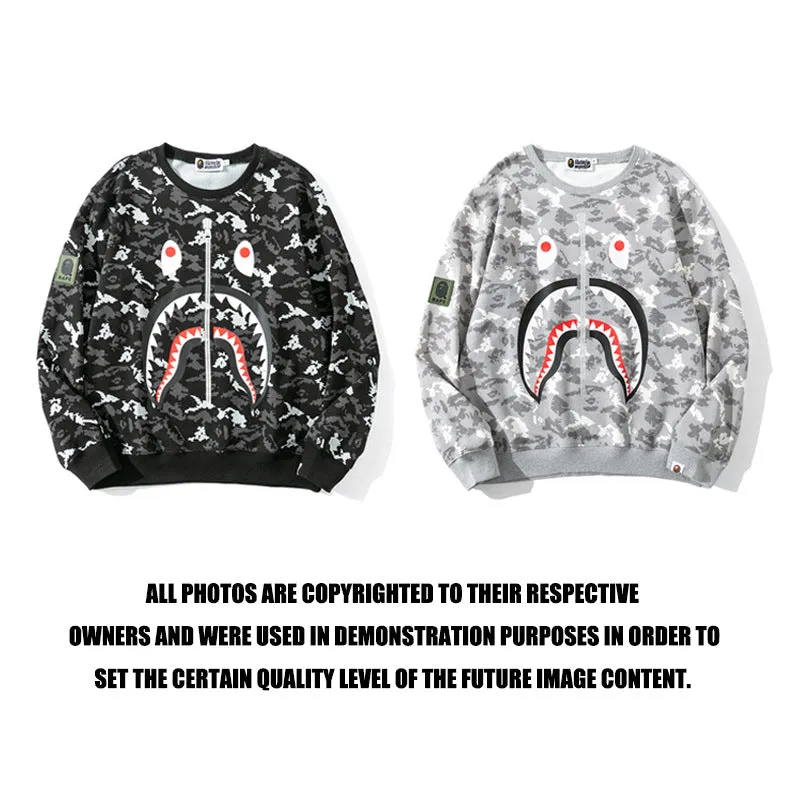 Shark Print Sweatshirts Digital Pixels Camouflage Pullover Sweater Men'S And Women'S Round Neck Thin Coat