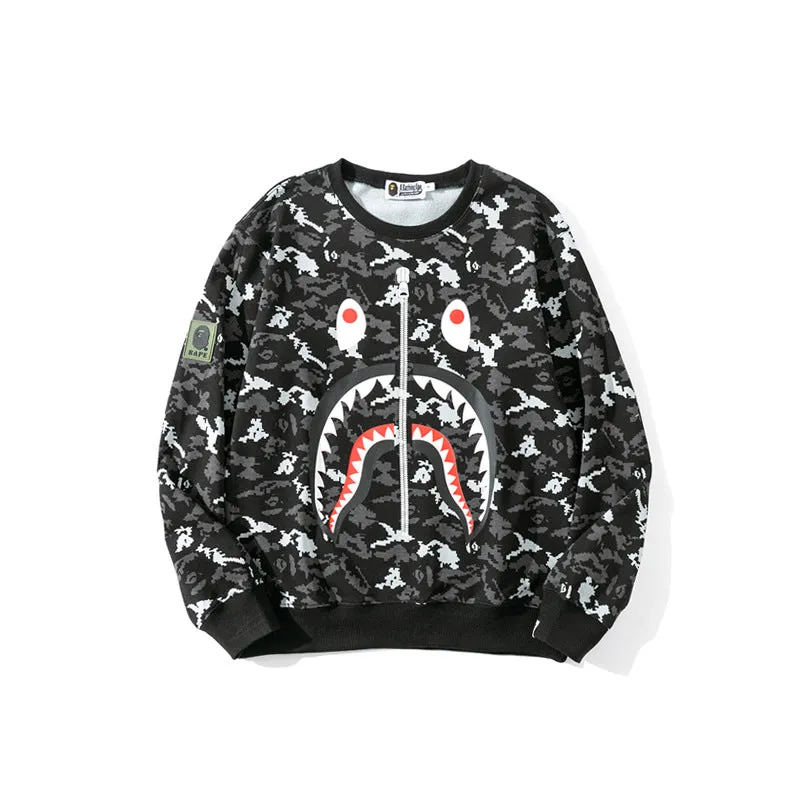 Shark Print Sweatshirts Digital Pixels Camouflage Pullover Sweater Men'S And Women'S Round Neck Thin Coat