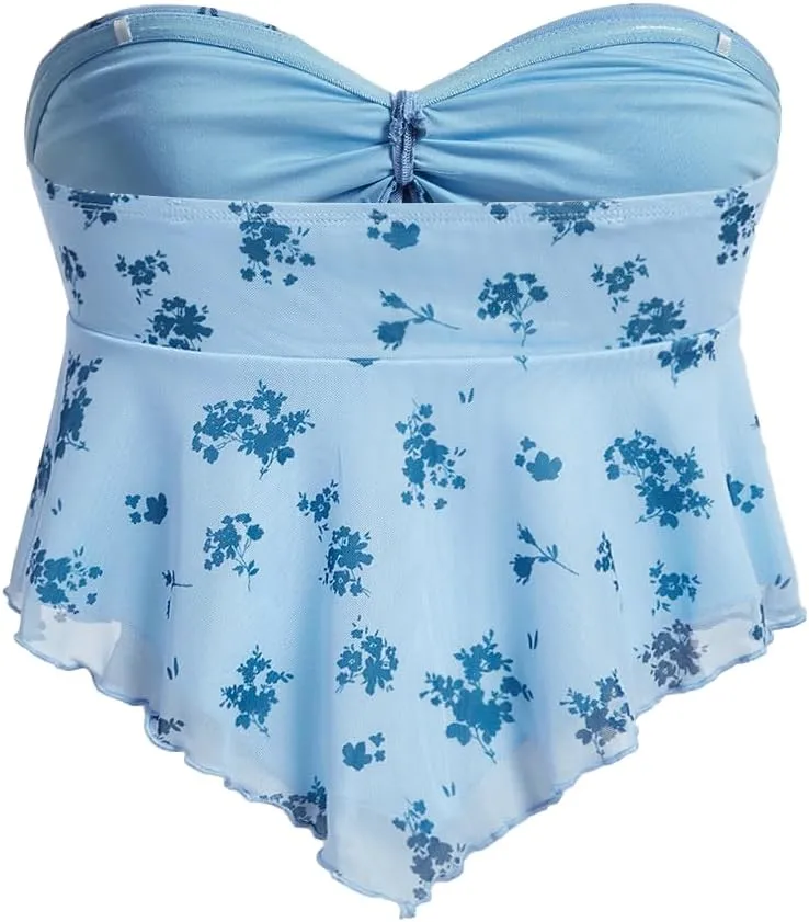 SHENHE Women's Floral Strapless Tie Front Lettuce Trim Asymmetrical Flare Boho Tube Top