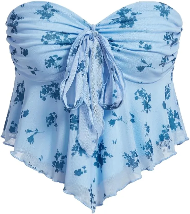 SHENHE Women's Floral Strapless Tie Front Lettuce Trim Asymmetrical Flare Boho Tube Top