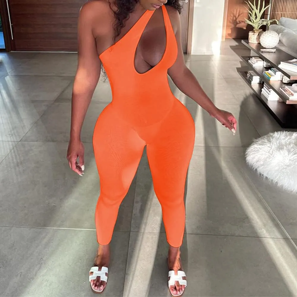 SHESEEWORLD Women's Sexy Cutout Sleeveless One Shoulder Bodycon Backless Party Short Long Jumpsuits Romper
