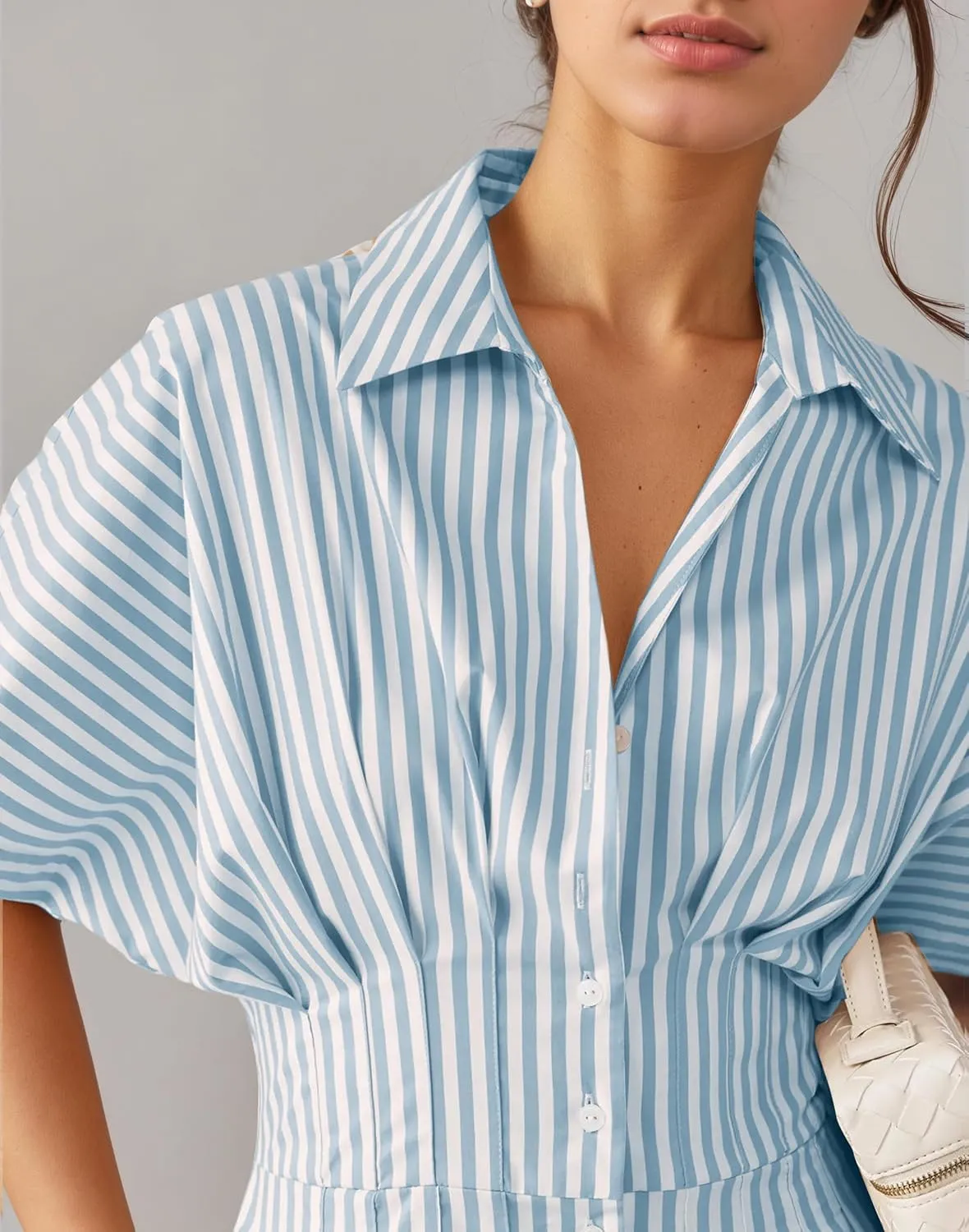 Striped Wide Leg Jumpsuits For Women Summer Casual Pleated Short Sleeve Button Down Romper Travel Outfits with Pocket