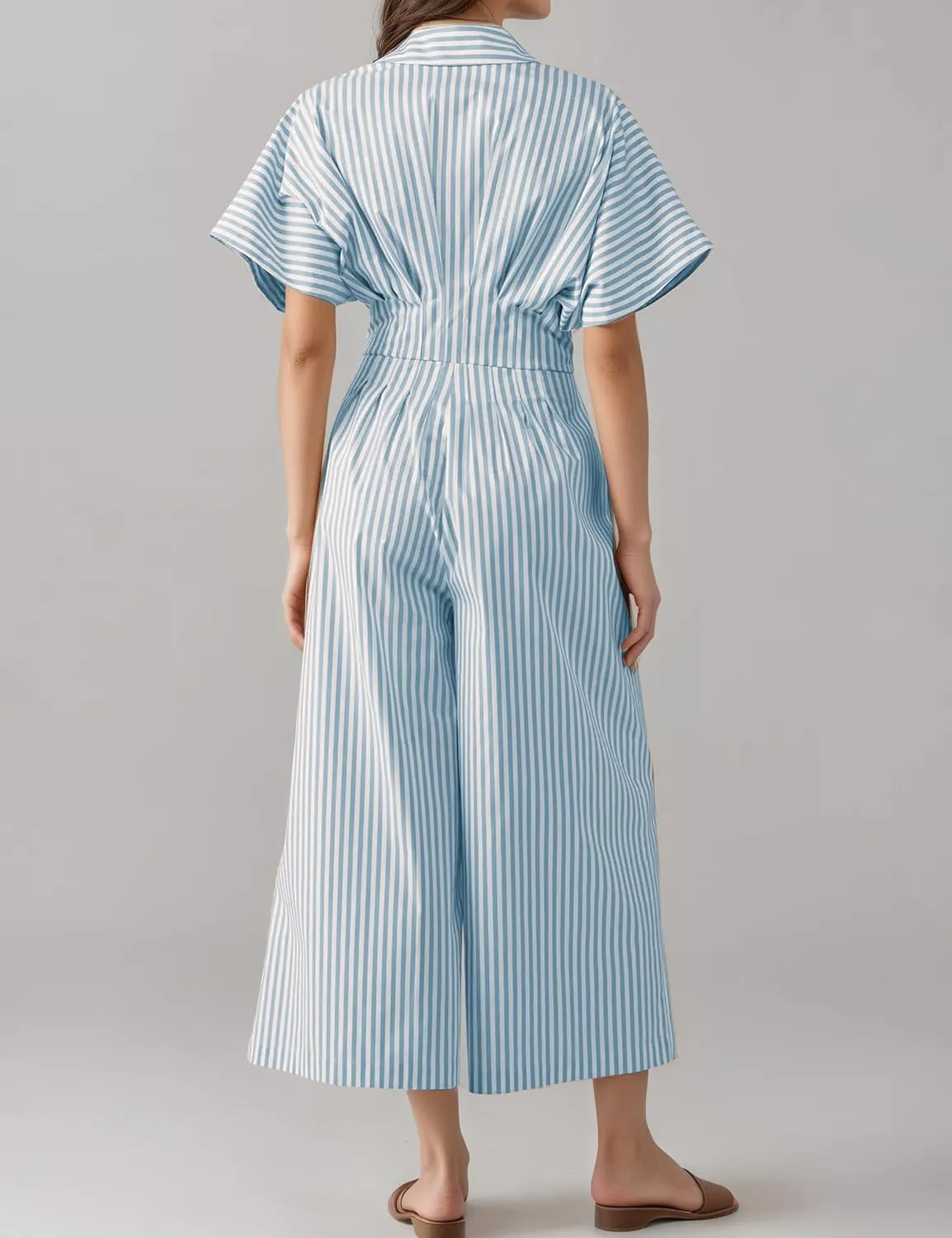 Striped Wide Leg Jumpsuits For Women Summer Casual Pleated Short Sleeve Button Down Romper Travel Outfits with Pocket
