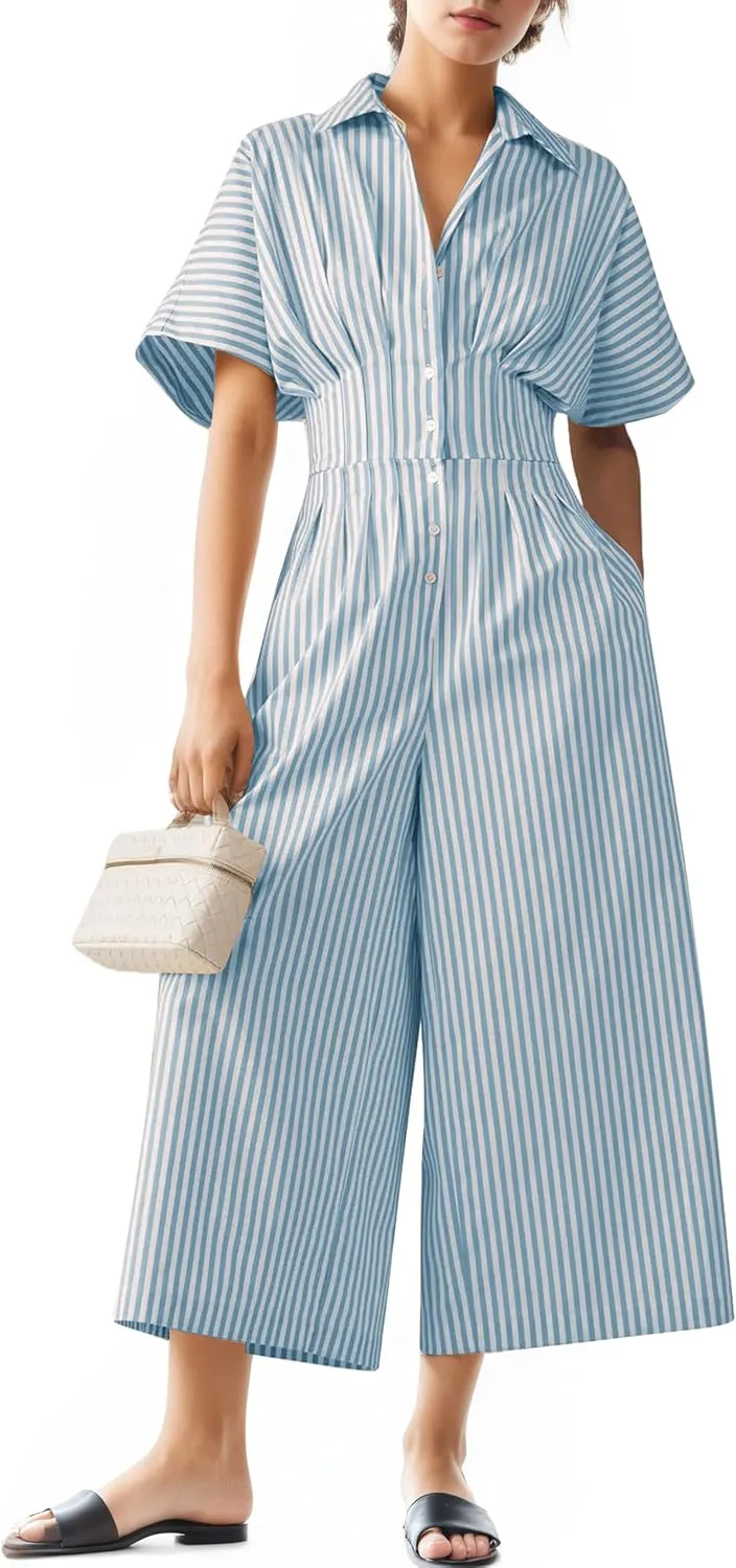 Striped Wide Leg Jumpsuits For Women Summer Casual Pleated Short Sleeve Button Down Romper Travel Outfits with Pocket