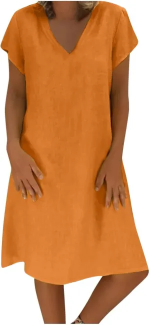 Summer Dresses for Women 2025 Plus Size V Neck Short Sleeve Midi Dress Casual Solid Loose Going Out Party Sundresses