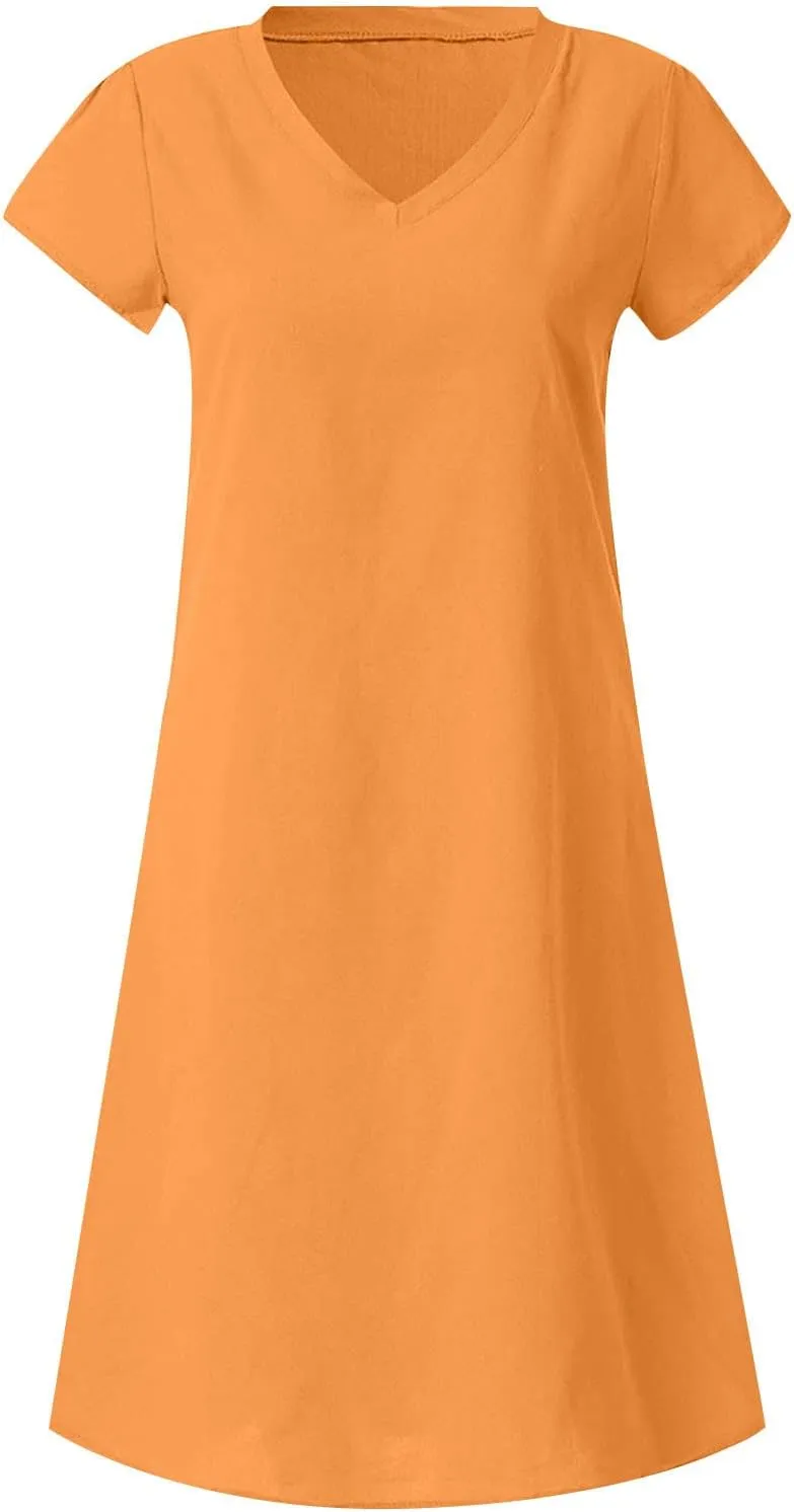 Summer Dresses for Women 2025 Plus Size V Neck Short Sleeve Midi Dress Casual Solid Loose Going Out Party Sundresses