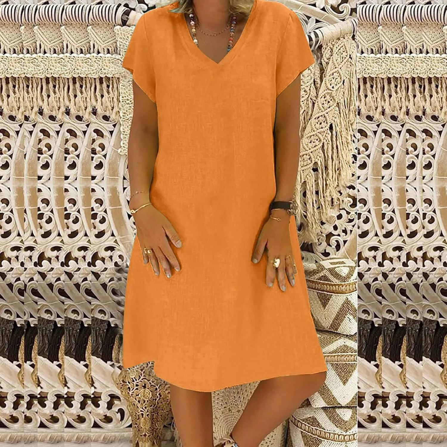 Summer Dresses for Women 2025 Plus Size V Neck Short Sleeve Midi Dress Casual Solid Loose Going Out Party Sundresses