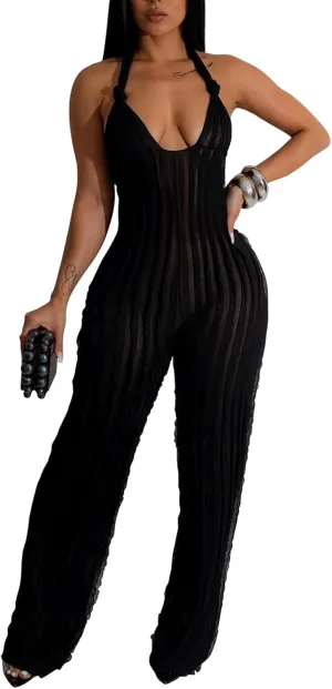 Summer Halter Backless Jumpsuits for Women Sexy See Through V Neck Tie Pleated One Piece Wide Leg Long Pants Romper