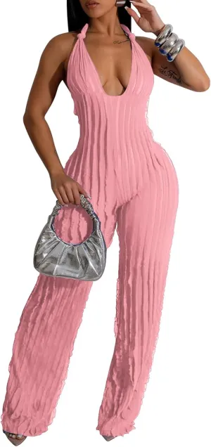 Summer Halter Backless Jumpsuits for Women Sexy See Through V Neck Tie Pleated One Piece Wide Leg Long Pants Romper
