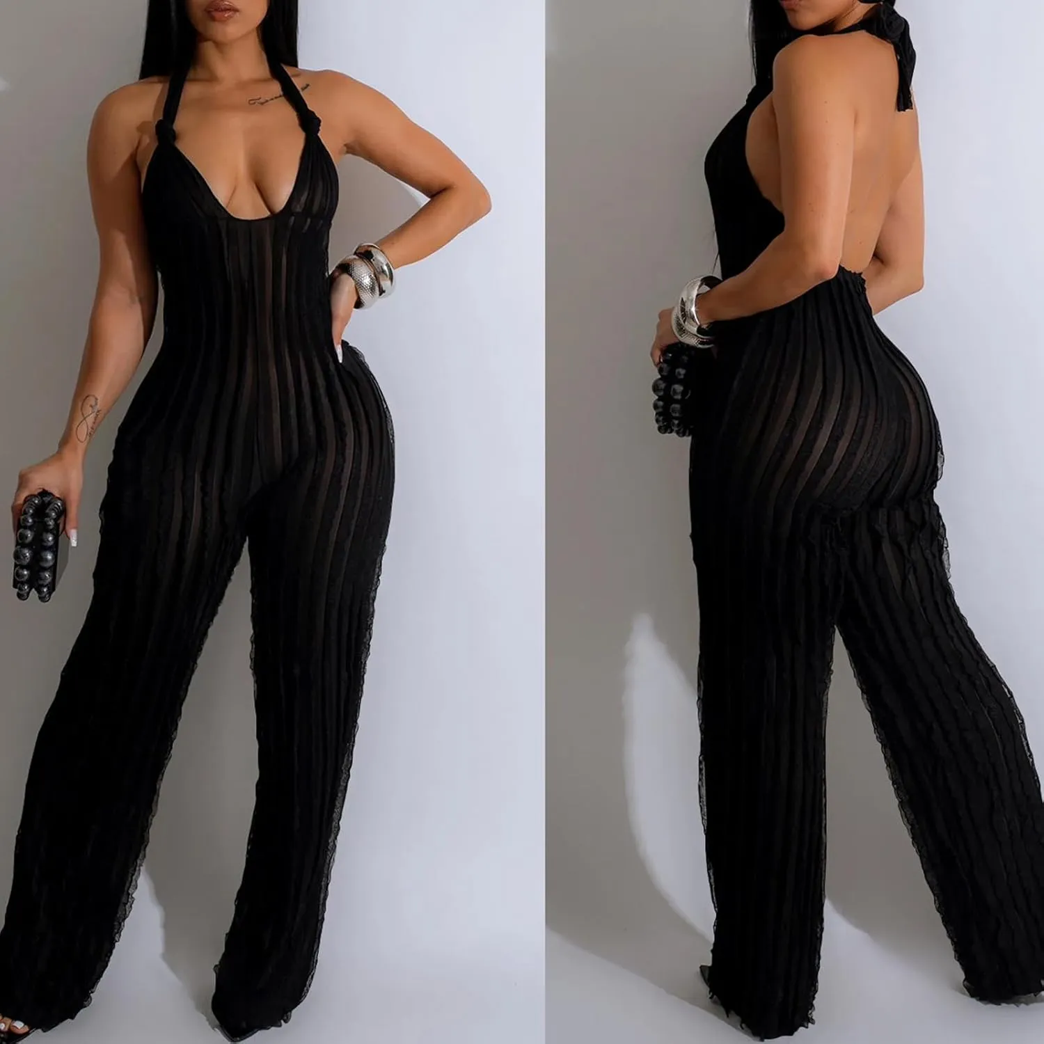 Summer Halter Backless Jumpsuits for Women Sexy See Through V Neck Tie Pleated One Piece Wide Leg Long Pants Romper