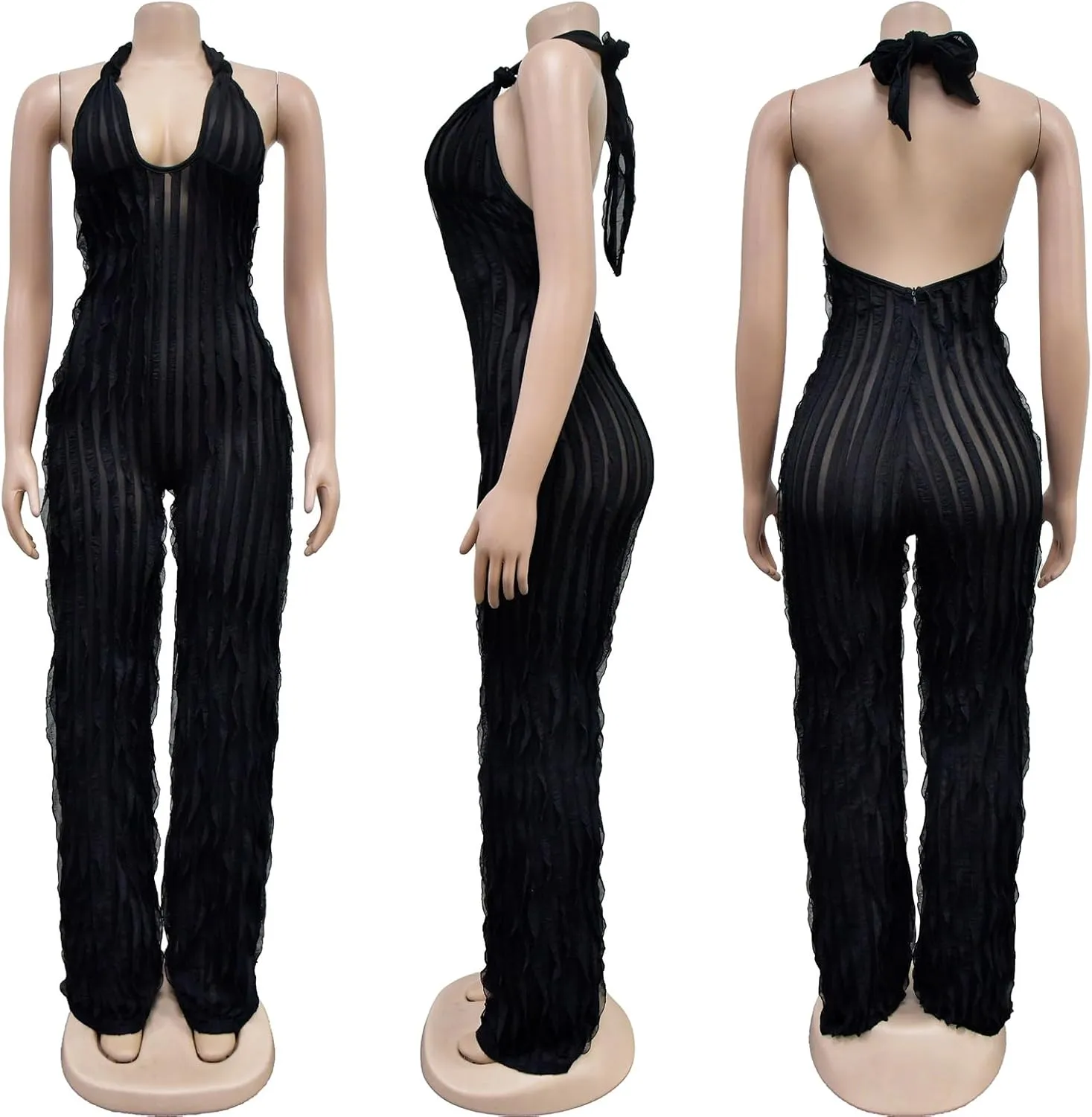 Summer Halter Backless Jumpsuits for Women Sexy See Through V Neck Tie Pleated One Piece Wide Leg Long Pants Romper