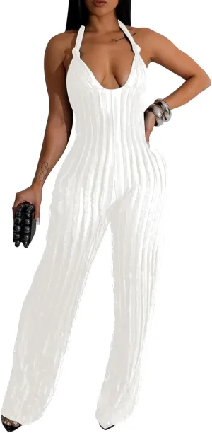Summer Halter Backless Jumpsuits for Women Sexy See Through V Neck Tie Pleated One Piece Wide Leg Long Pants Romper