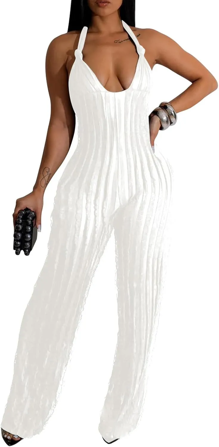 Summer Halter Backless Jumpsuits for Women Sexy See Through V Neck Tie Pleated One Piece Wide Leg Long Pants Romper