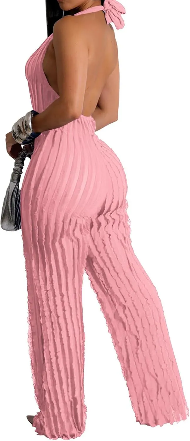 Summer Halter Backless Jumpsuits for Women Sexy See Through V Neck Tie Pleated One Piece Wide Leg Long Pants Romper