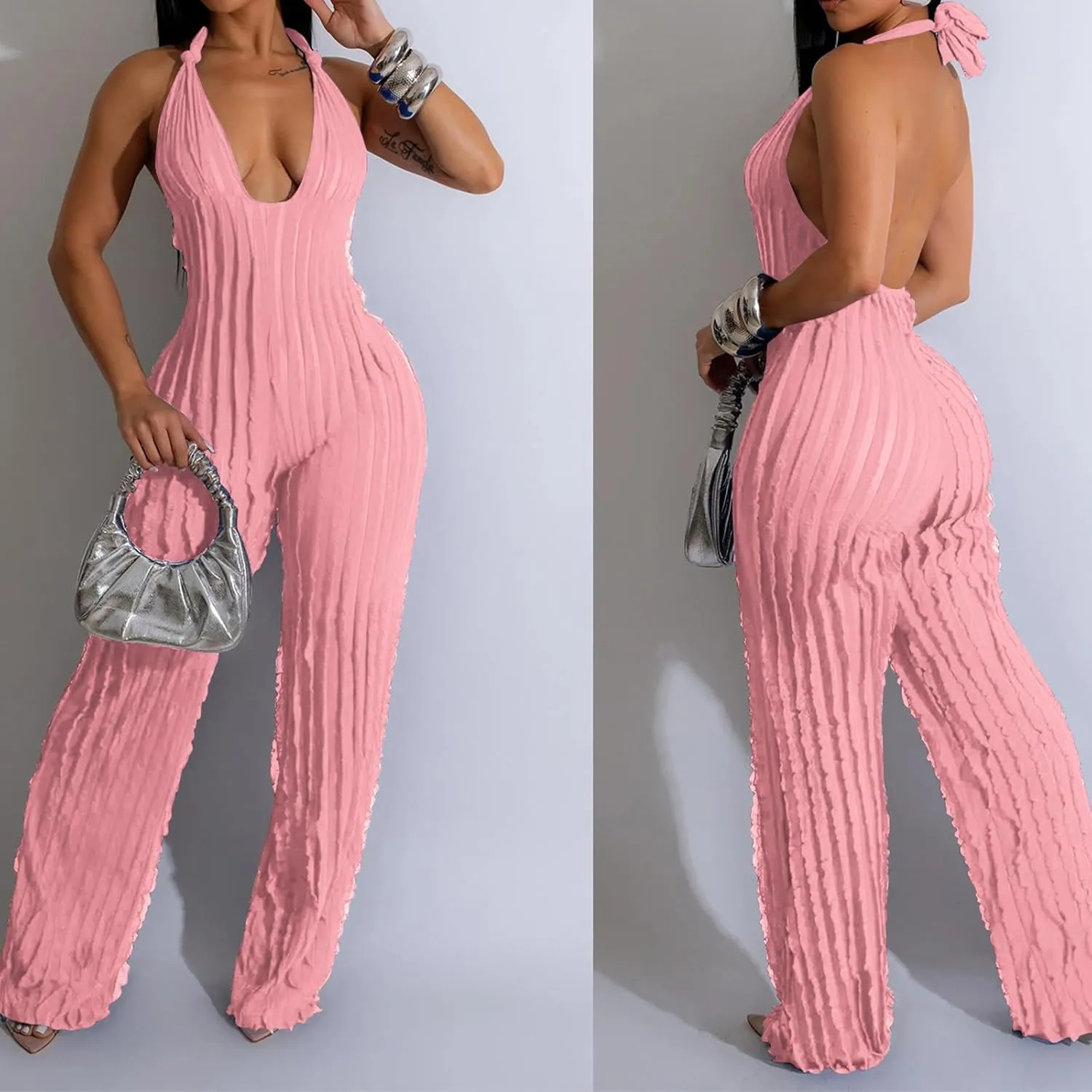 Summer Halter Backless Jumpsuits for Women Sexy See Through V Neck Tie Pleated One Piece Wide Leg Long Pants Romper