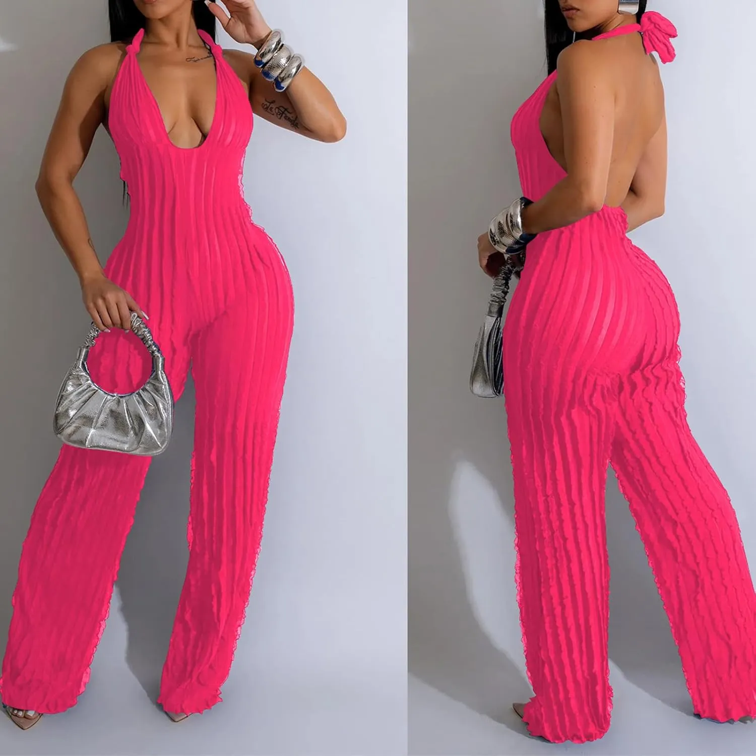 Summer Halter Backless Jumpsuits for Women Sexy See Through V Neck Tie Pleated One Piece Wide Leg Long Pants Romper