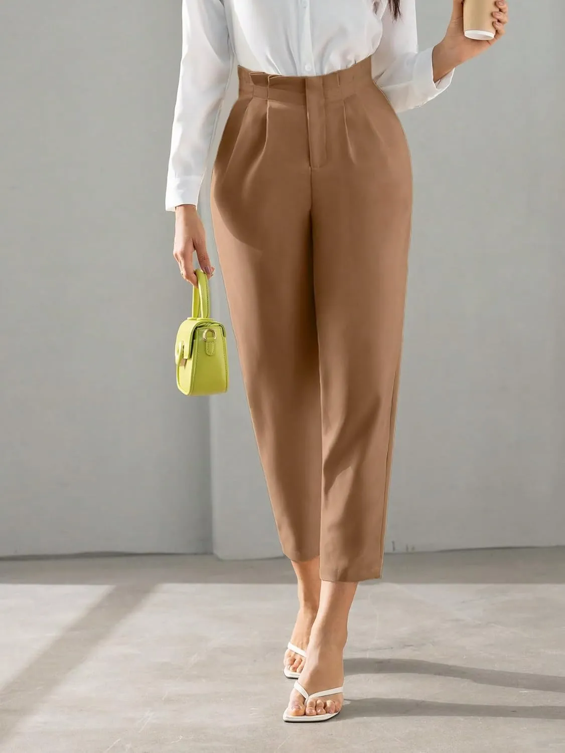 SweatyRocks Women's High Waist Pleated Zipper Cropped Pants Elegant Solid Pockets Office Trousers Workwear