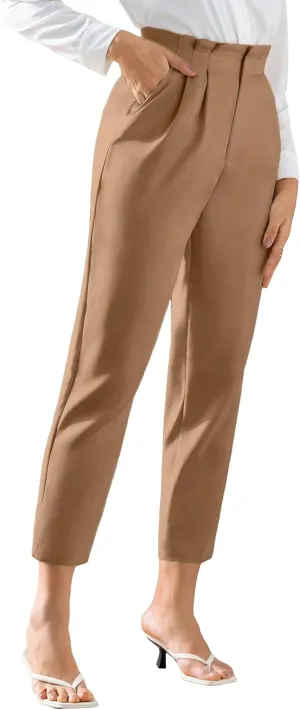 SweatyRocks Women's High Waist Pleated Zipper Cropped Pants Elegant Solid Pockets Office Trousers Workwear