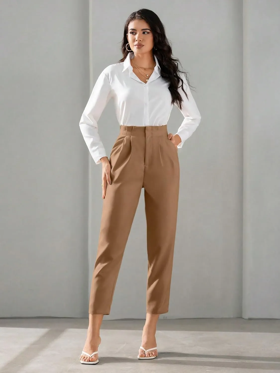 SweatyRocks Women's High Waist Pleated Zipper Cropped Pants Elegant Solid Pockets Office Trousers Workwear
