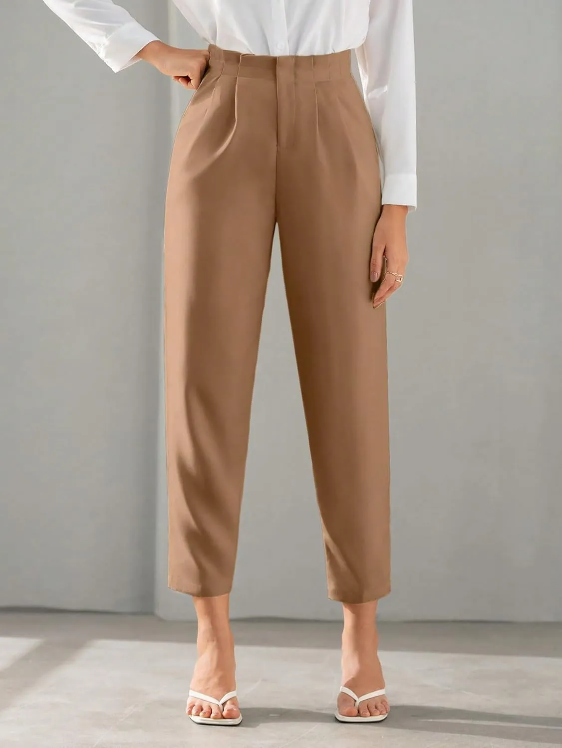 SweatyRocks Women's High Waist Pleated Zipper Cropped Pants Elegant Solid Pockets Office Trousers Workwear