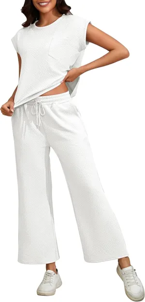 Taurus Womens 2 Piece Outfits Sleeveless Matching Lounge Sets Crew Neck Pullover Top Drawstring Wide Leg Pants Tracksuit