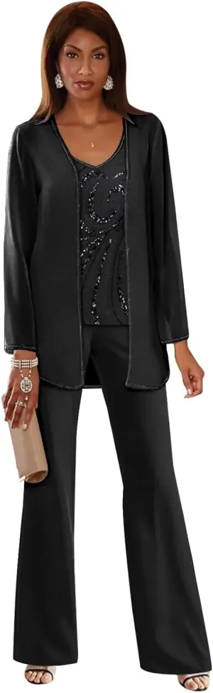 TORYEMY Mother of The Bride Pant Suits for Wedding Chiffon Sequin Long Sleeve Formal Evening Outfit with Bead