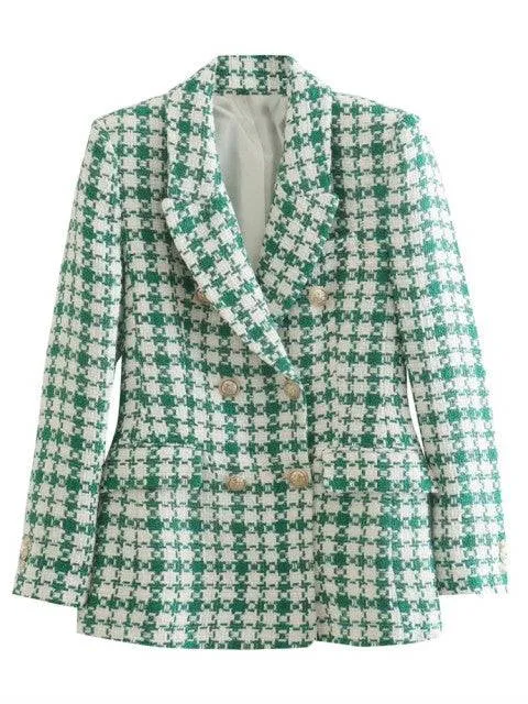 Traf Jacket Ornate Button Tweed Woolen Coats Female Casual Thick Green Blazers Blue Outerwear