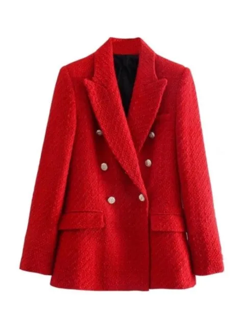Traf Jacket Ornate Button Tweed Woolen Coats Female Casual Thick Green Blazers Blue Outerwear