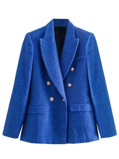 Traf Jacket Ornate Button Tweed Woolen Coats Female Casual Thick Green Blazers Blue Outerwear