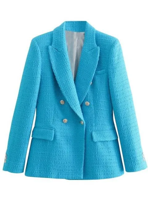 Traf Jacket Ornate Button Tweed Woolen Coats Female Casual Thick Green Blazers Blue Outerwear