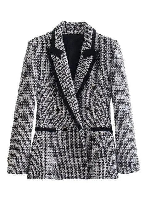 Traf Jacket Ornate Button Tweed Woolen Coats Female Casual Thick Green Blazers Blue Outerwear