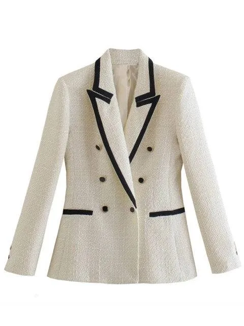 Traf Jacket Ornate Button Tweed Woolen Coats Female Casual Thick Green Blazers Blue Outerwear