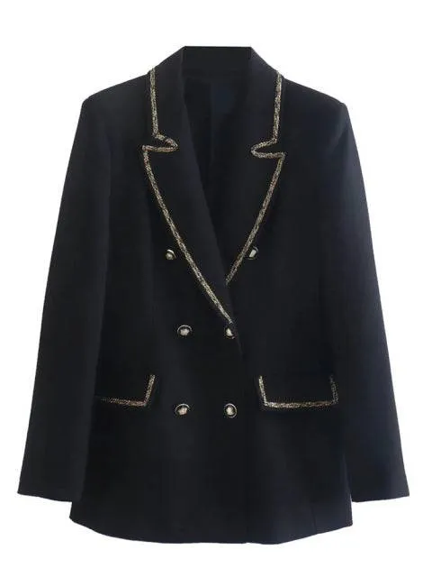 Traf Jacket Ornate Button Tweed Woolen Coats Female Casual Thick Green Blazers Blue Outerwear