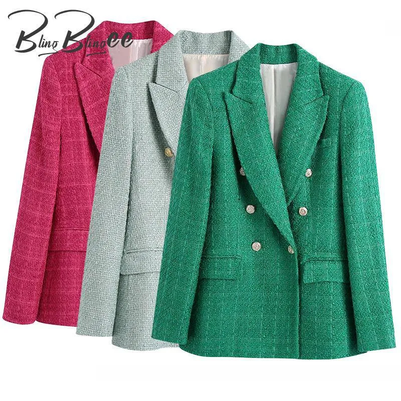 Traf Jacket Ornate Button Tweed Woolen Coats Female Casual Thick Green Blazers Blue Outerwear