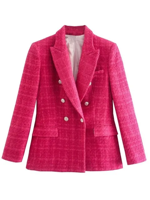 Traf Jacket Ornate Button Tweed Woolen Coats Female Casual Thick Green Blazers Blue Outerwear